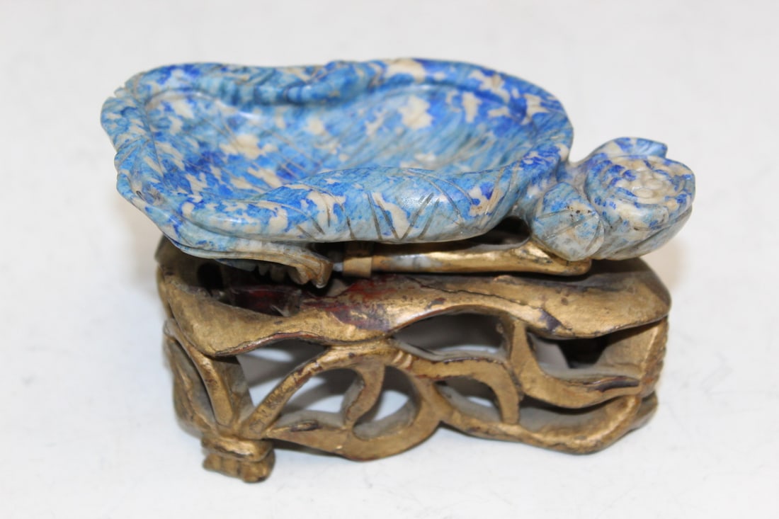 Chinese Carved Lapis Lazuli Brush Washer: Chinese Carved Lapis Lazuli Brush Washer. L 5".