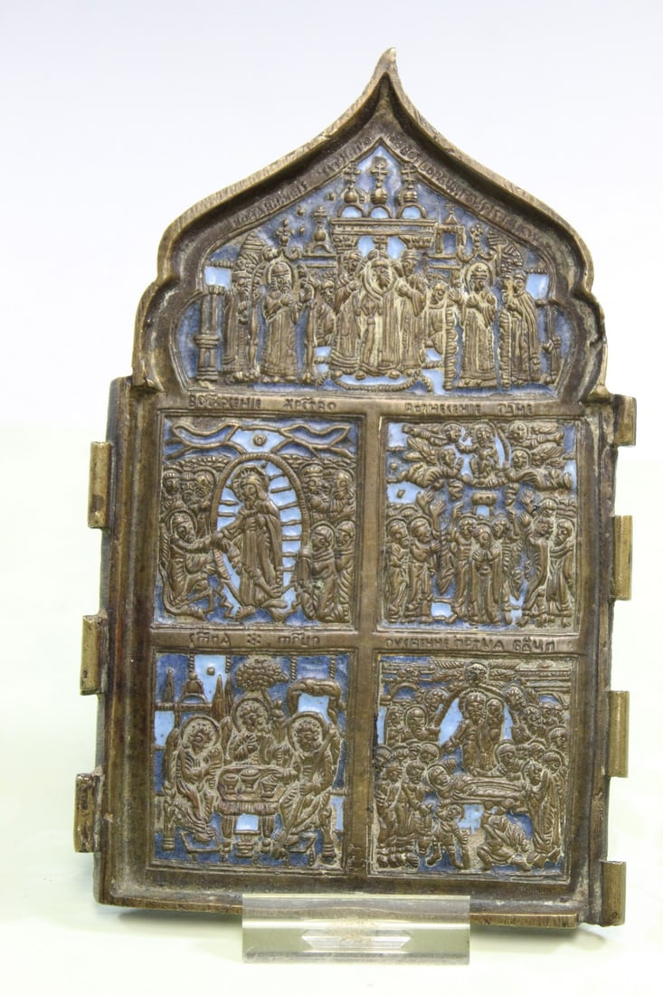 Russian Bronze Icon with Blue Enamel: Russian Bronze Icon with Blue Enamel. H 6.25".