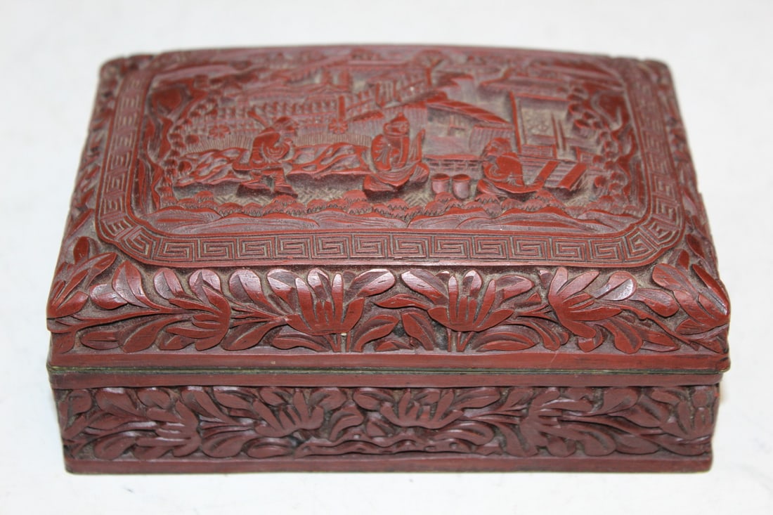 Chinese Carved Cinnabar Box: Chinese Carved Cinnabar Box. Size 5.5 x 4 x 2".