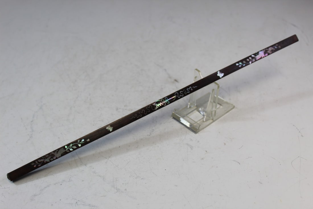 Chinese Carved Wood Stick with Mother-of-pearl Inlay: Chinese Carved Wood Stick with Mother-of-pearl Inlay. L 13.75".