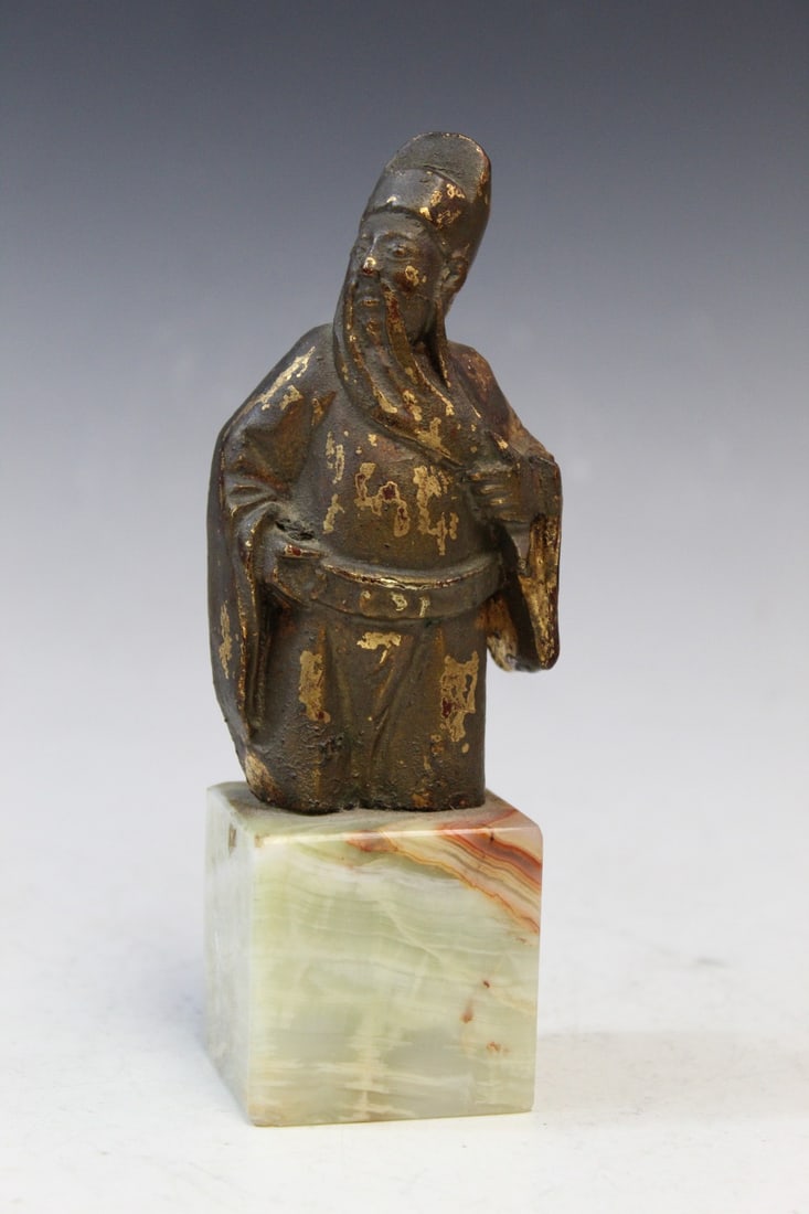 Chinese Gilt Carved Wood Figure of a Court Officer: Chinese Gilt Carved Wood Figure of a Court Officer. H with stand 6.75". As Is.