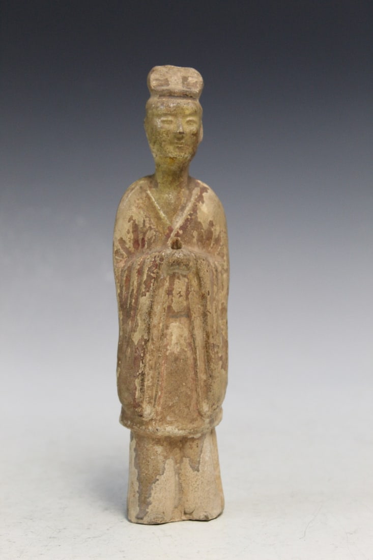 Chinese Pottery Figure of an Attendant: Chinese Pottery Figure of an Attendant. Possibly Han Dynasty. H 8".