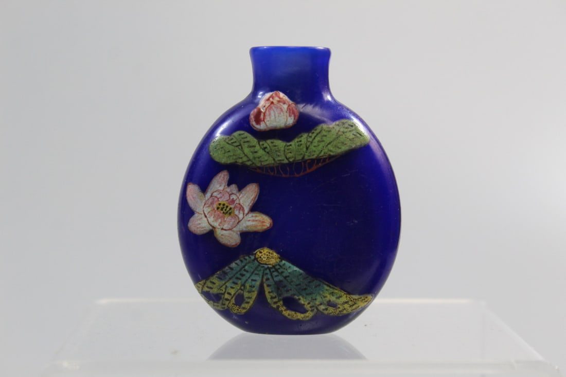 Chinese Famille Rose on Blue Glass Snuff Bottle (1 of 4)