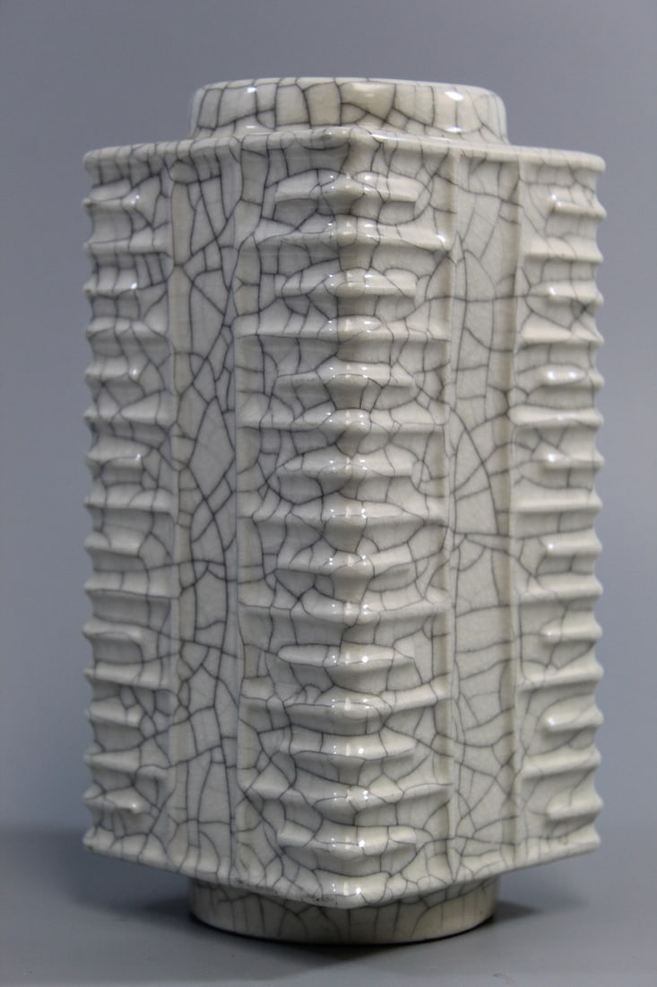 Chinese Crackle Glaze Cong Vase: Chinese Crackle Glaze Cong Vase. H 8".