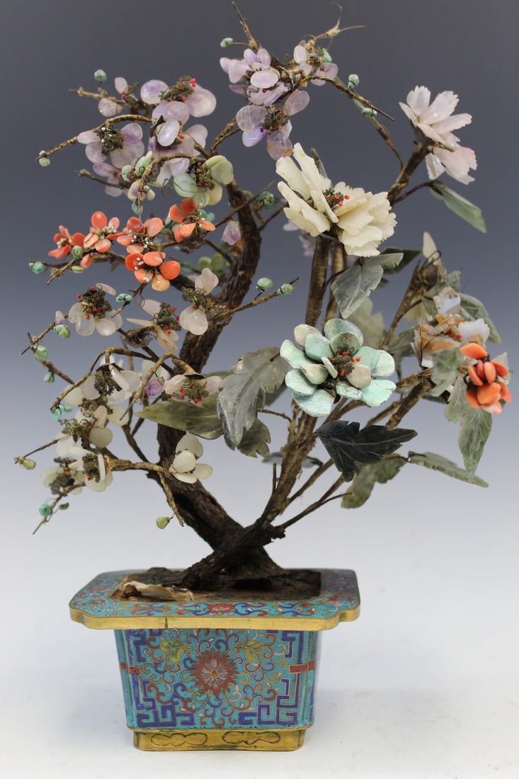 Chinese Cloisonne Jade Bonsai Tree. (1 of 9)