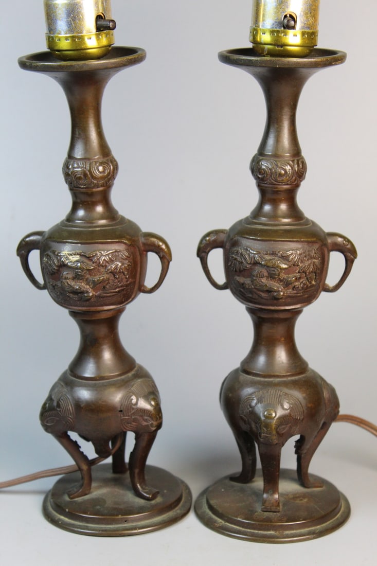 Pair of Japanese Bronze Candle Holder Lamps (1 of 7)