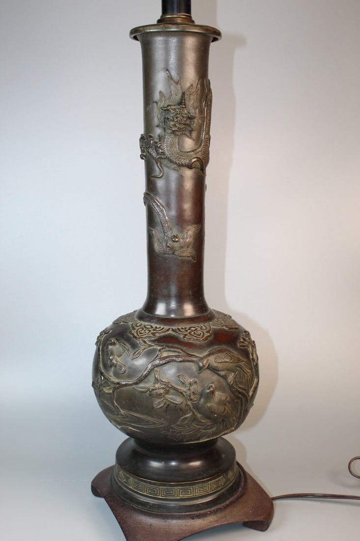 Tall Japanese Antique Bronze Vase Lamp (1 of 9)