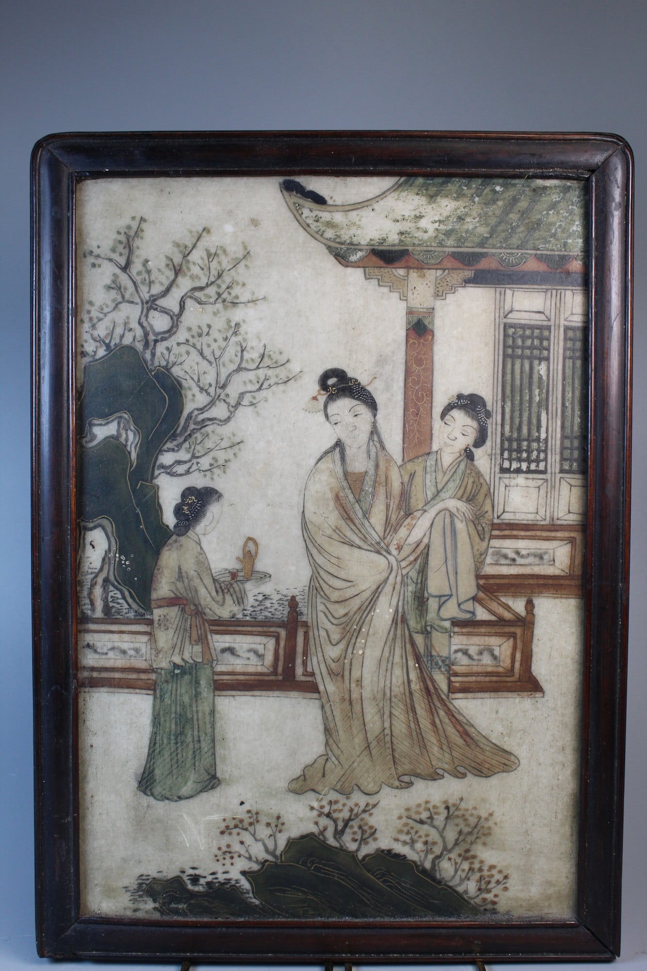 Chinese Painted Marble Plaque in Rosewood Frame (1 of 9)