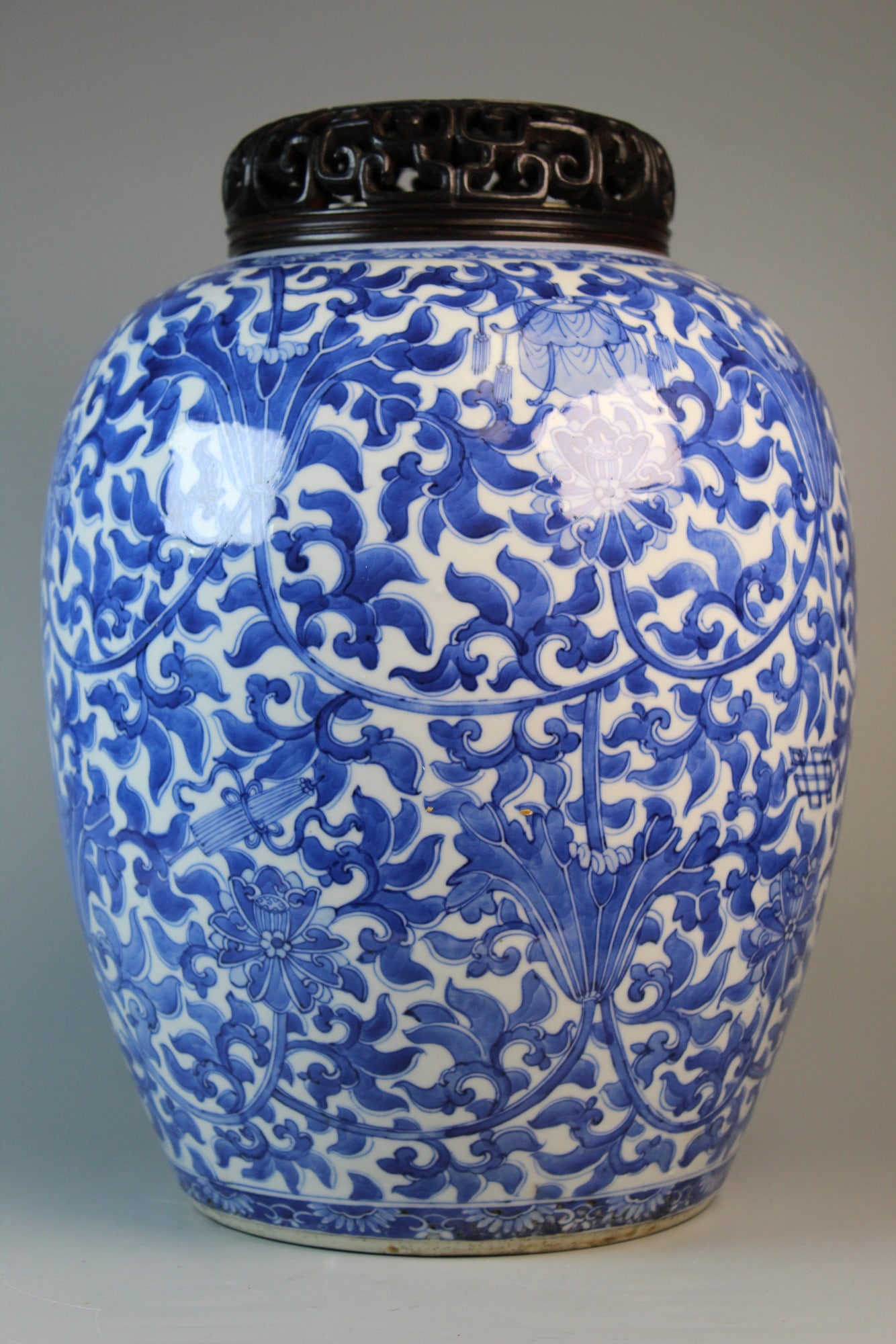 Chinese Blue and White Porcelain Jar with Carved Wood Lid (1 of 9)