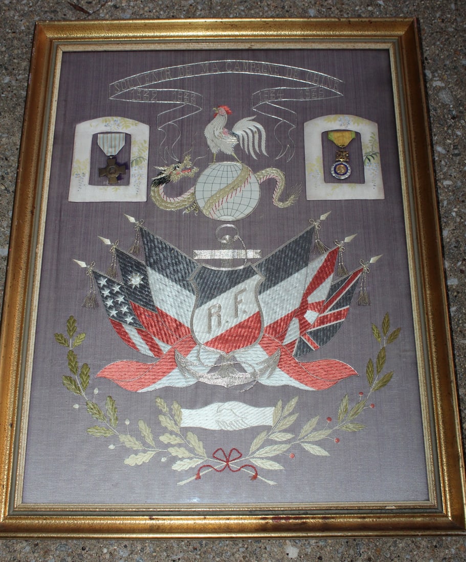 Antique French Navy Solder's Commemorative Silk with 2 Medals. 1932-1935 in China. (1 of 8)