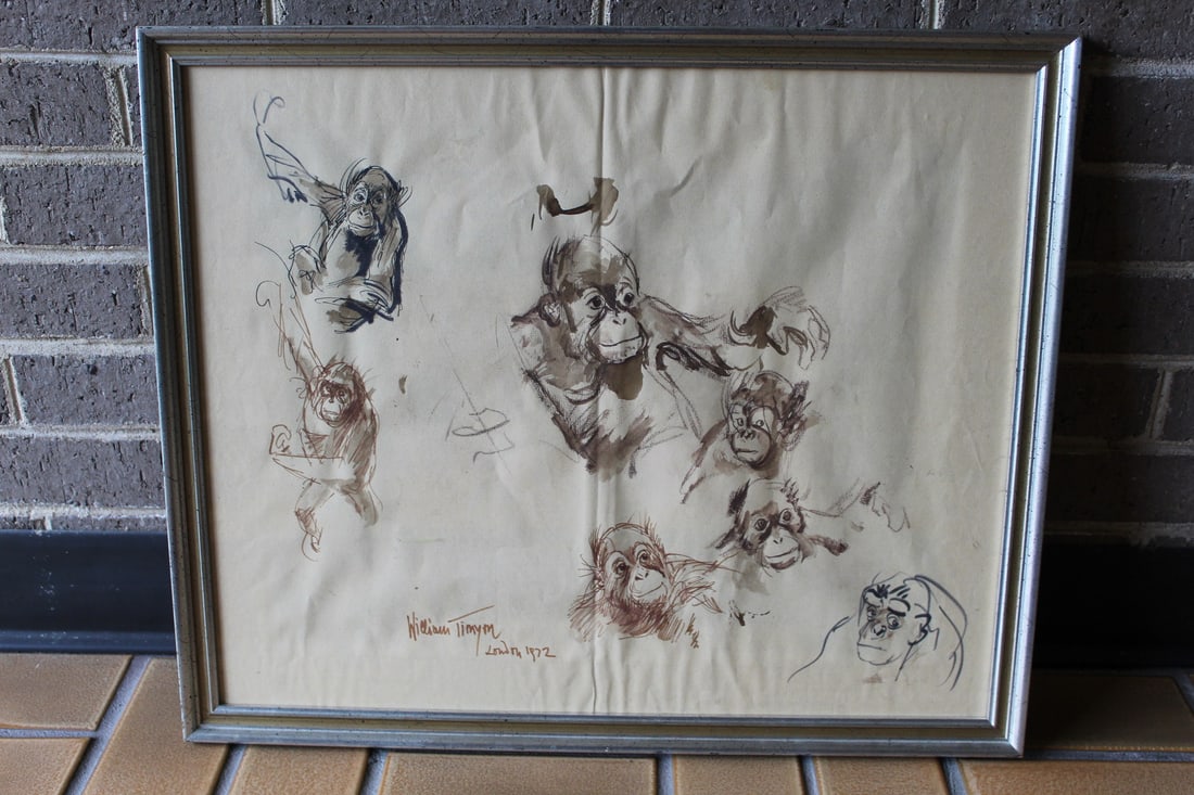 Watercolor Charcoal Monkeys Painting, signed William Timym 1972. (1 of 7)