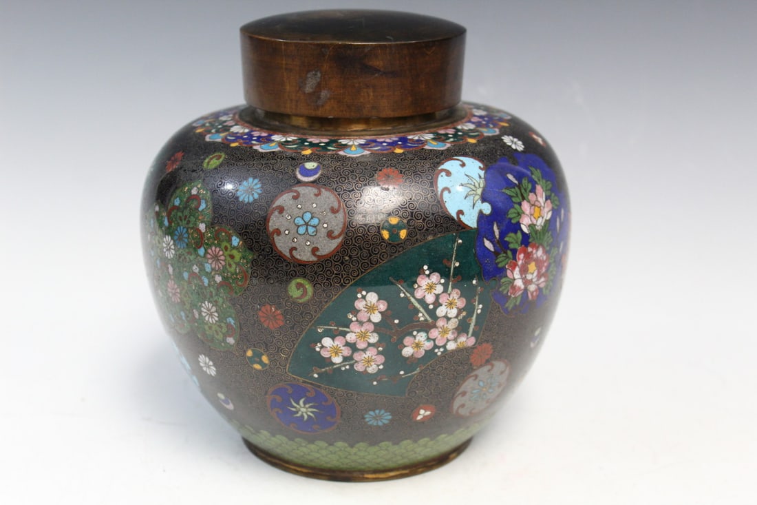 Japanese Cloisonne Jar with Wood Lid: Japanese Cloisonne Jar with Wood Lid. Diam 8", H 8".