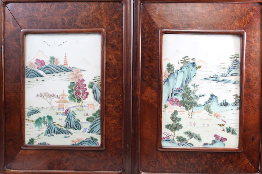 Pair of Chinese Famille Rose Porcelain Panels: Pair of Chinese Famille Rose Porcelain Panels. 19th C. 12.5 x 8.5". Frame 15 x 21".