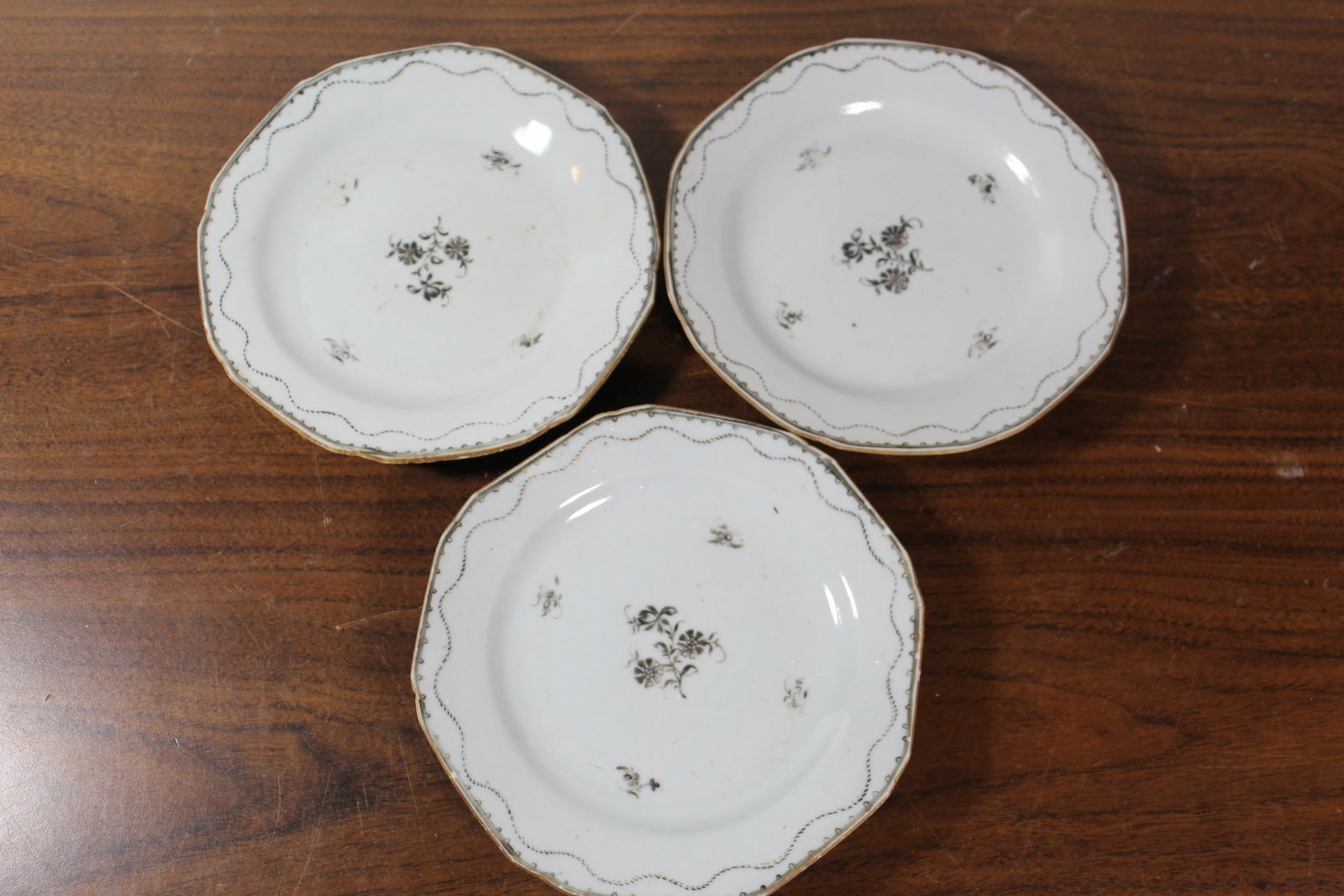 Three Chinese Export Grisaille Porcelain Floral Plates (1 of 6)