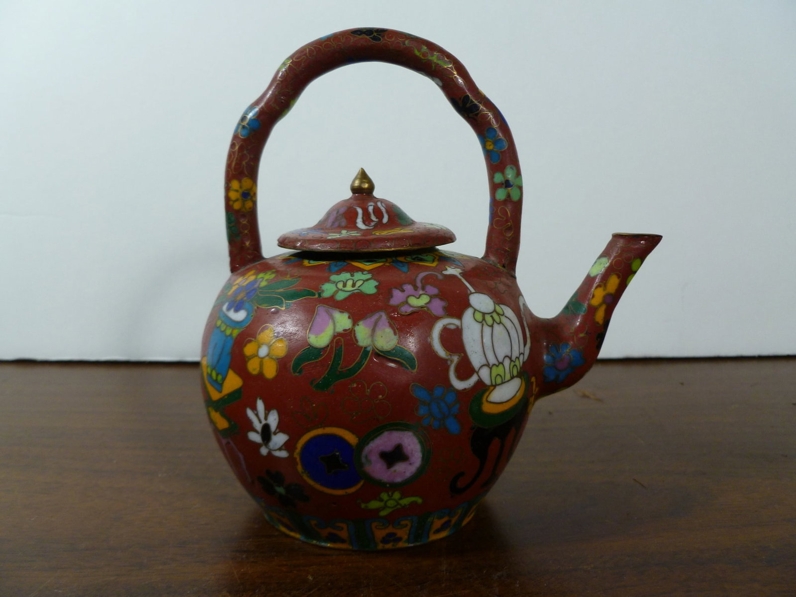 Chinese cloisonne teapot: Chinese cloisonne teapot. L 5.5". H 5.5".
