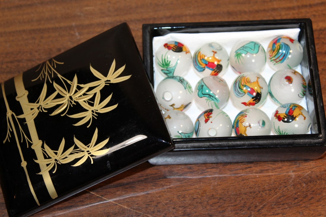A Group of Chinese Reverse Painted Glass Beads in a Lacquer Box (1 of 4)