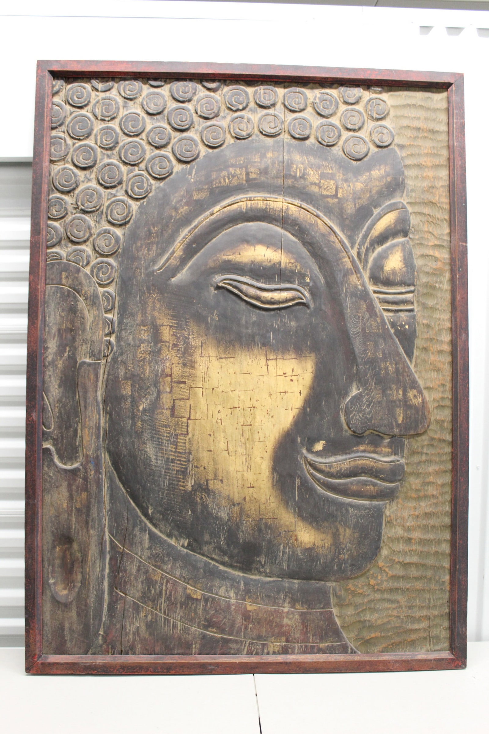 Very Large Carved Wood Panel of Buddha Face: Very Large Carved Wood Panel of Buddha Face. 61 x 43.5". No in-house shipping.