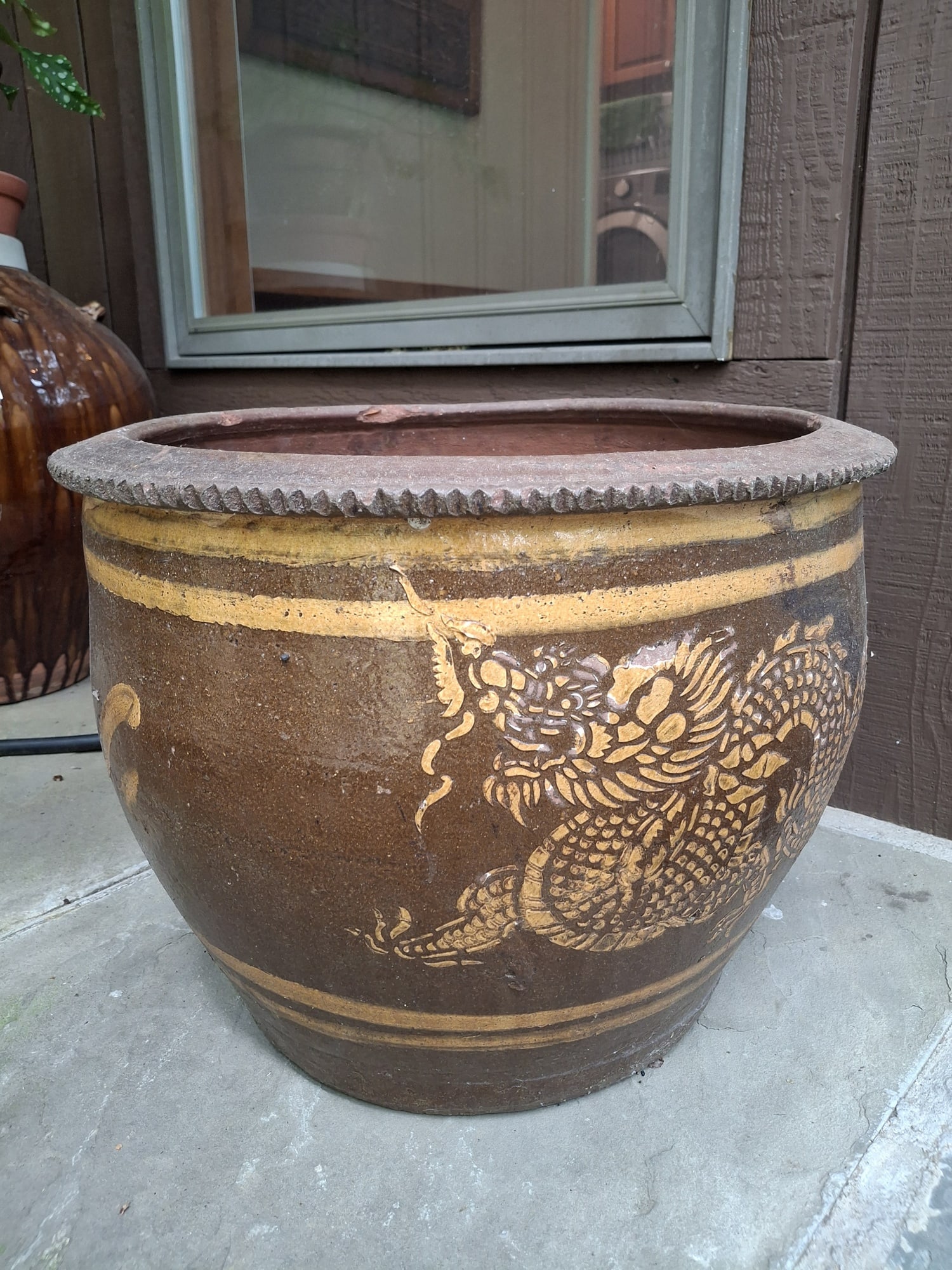 Large Chinese Brown Glazed Pottery Planter with Dragon Decoration (1 of 9)