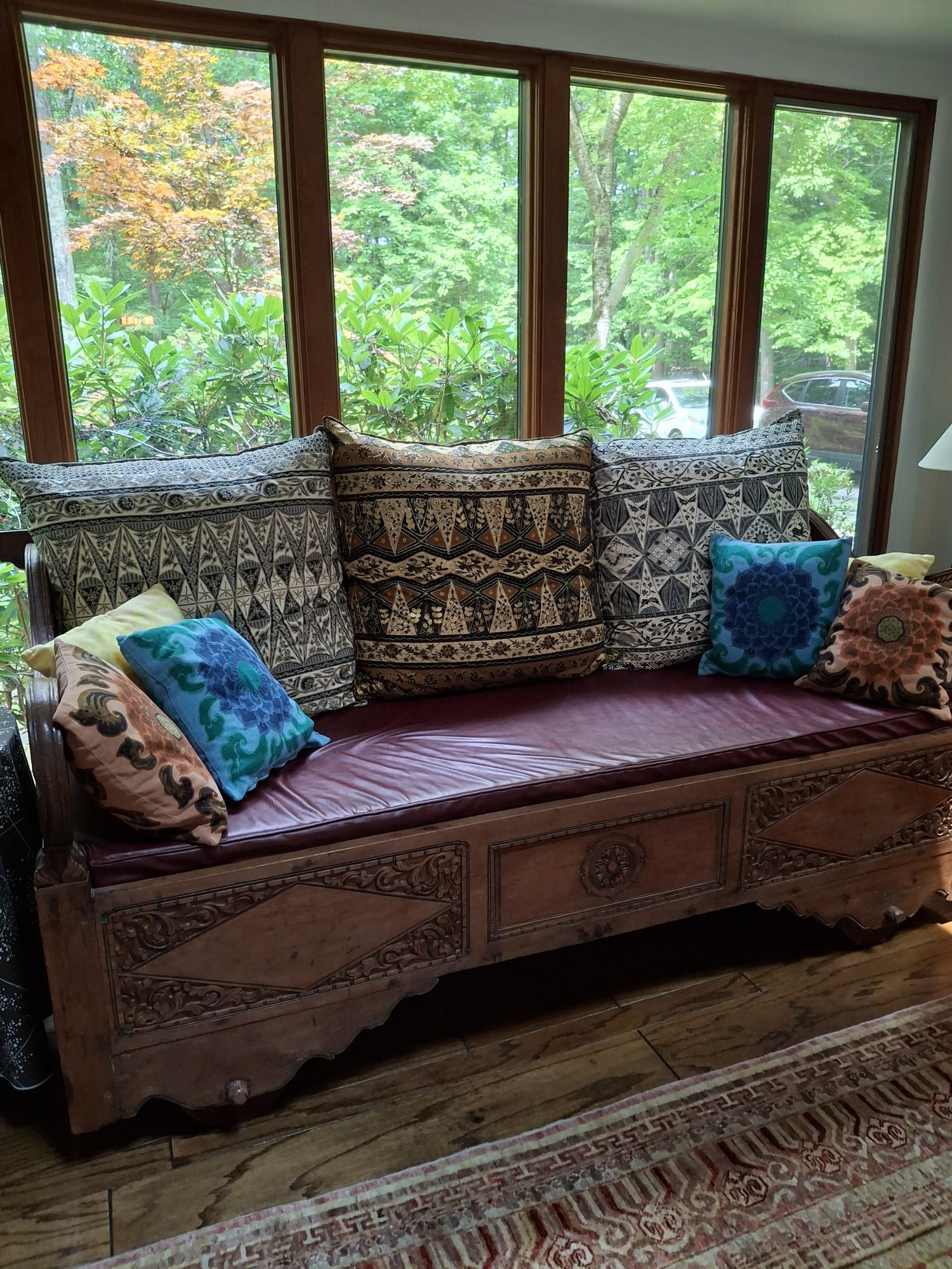 Large Indonesian Day Bed with Pillows and Cushion: Large Indonesian Day Bed with Pillows and Cushion. 79 x 32 x 38". Attention: The pickup location of this item is at Crownsville, MD 21032. Winning bidder will get address and pickup time through email