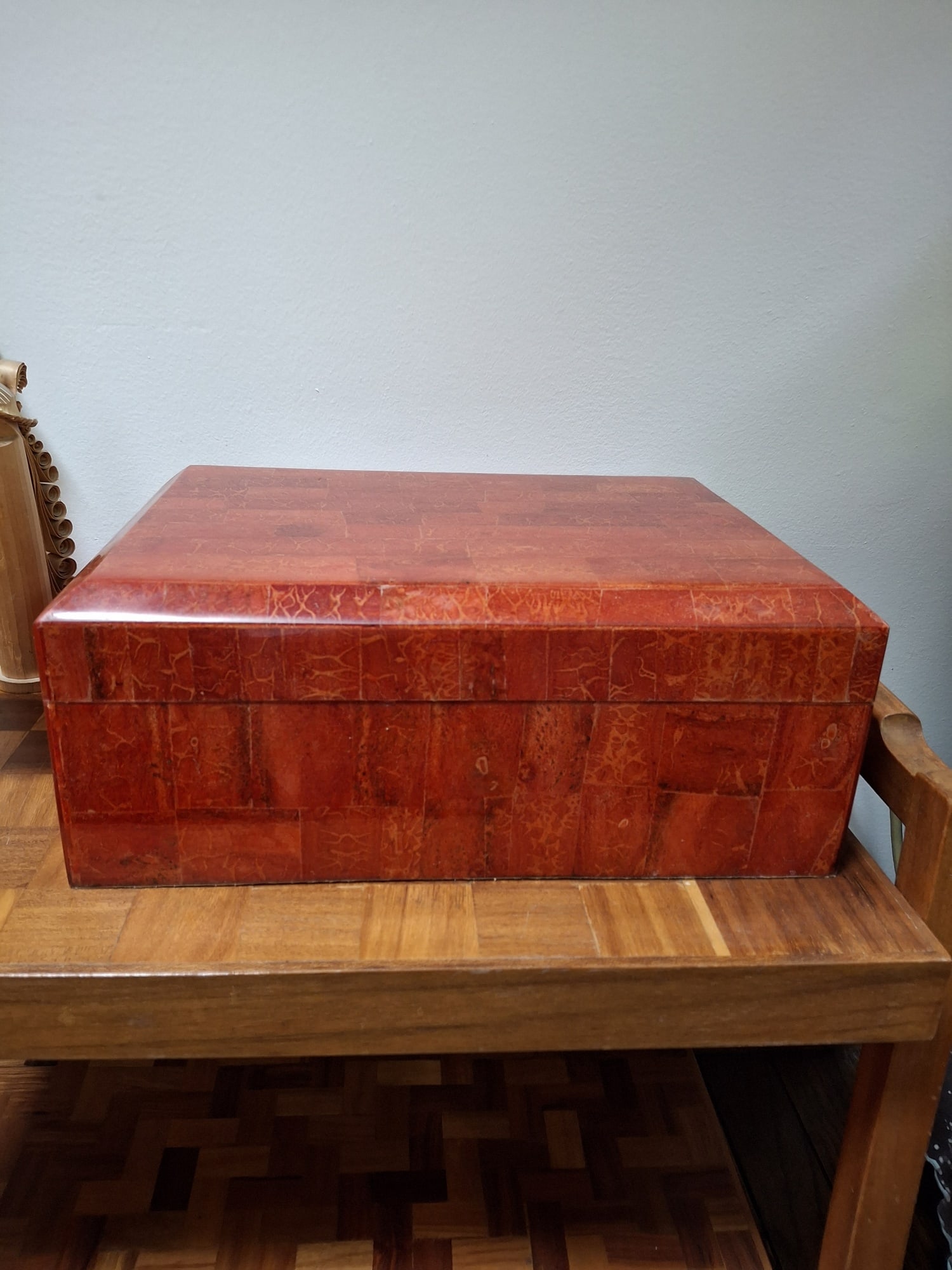 Coral Red Color Tessellated Jewelry Box: Coral Red Color Tessellated Jewelry Box. 14 x 10.5 x 6".