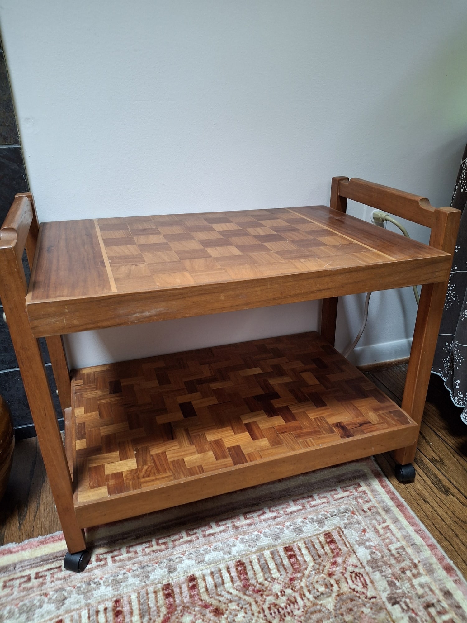 Two Tiers Wooden Tea Cart: Two Tiers Wooden Tea Cart. 26 x 19 x 16". Attention: The pickup location of this item is at Crownsville, MD 21032. Winning bidder will get address and pickup time through email. No in-house shipping.