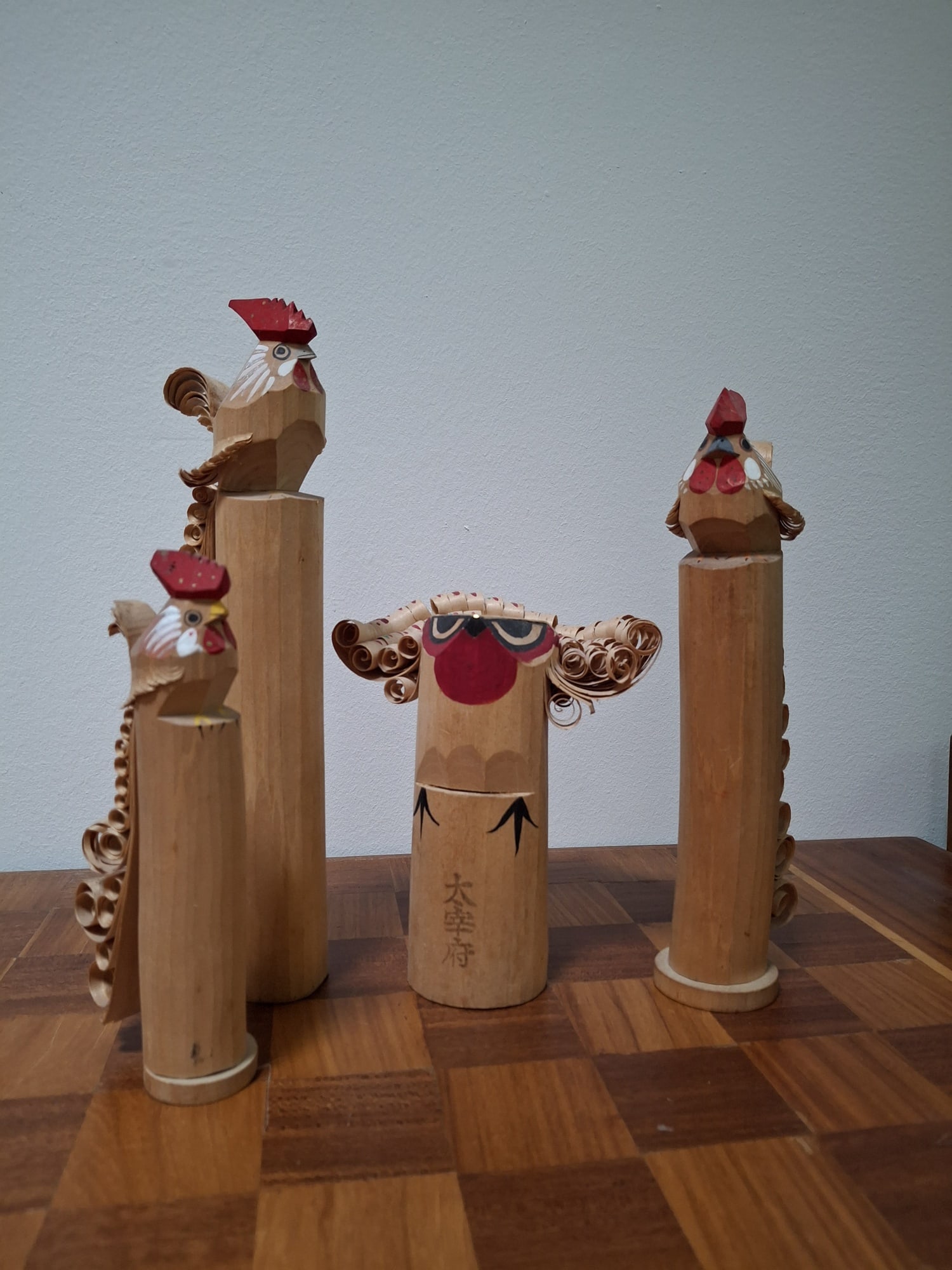 Group of Four Japanese Carved Wood Rooster Dolls (1 of 4)