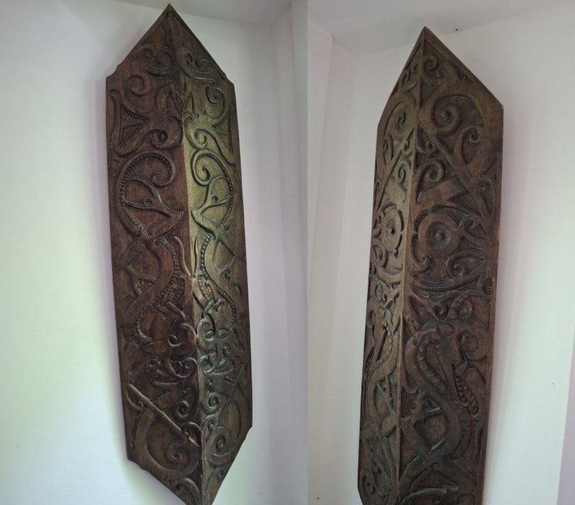 Pair of Carved Wooden Shields: Pair of Carved Wooden Shields. 47 x 13". Attention: The pickup location of this item is at Crownsville, MD 21032. Winning bidder will get address and pickup time through email. No in-house shipping.
