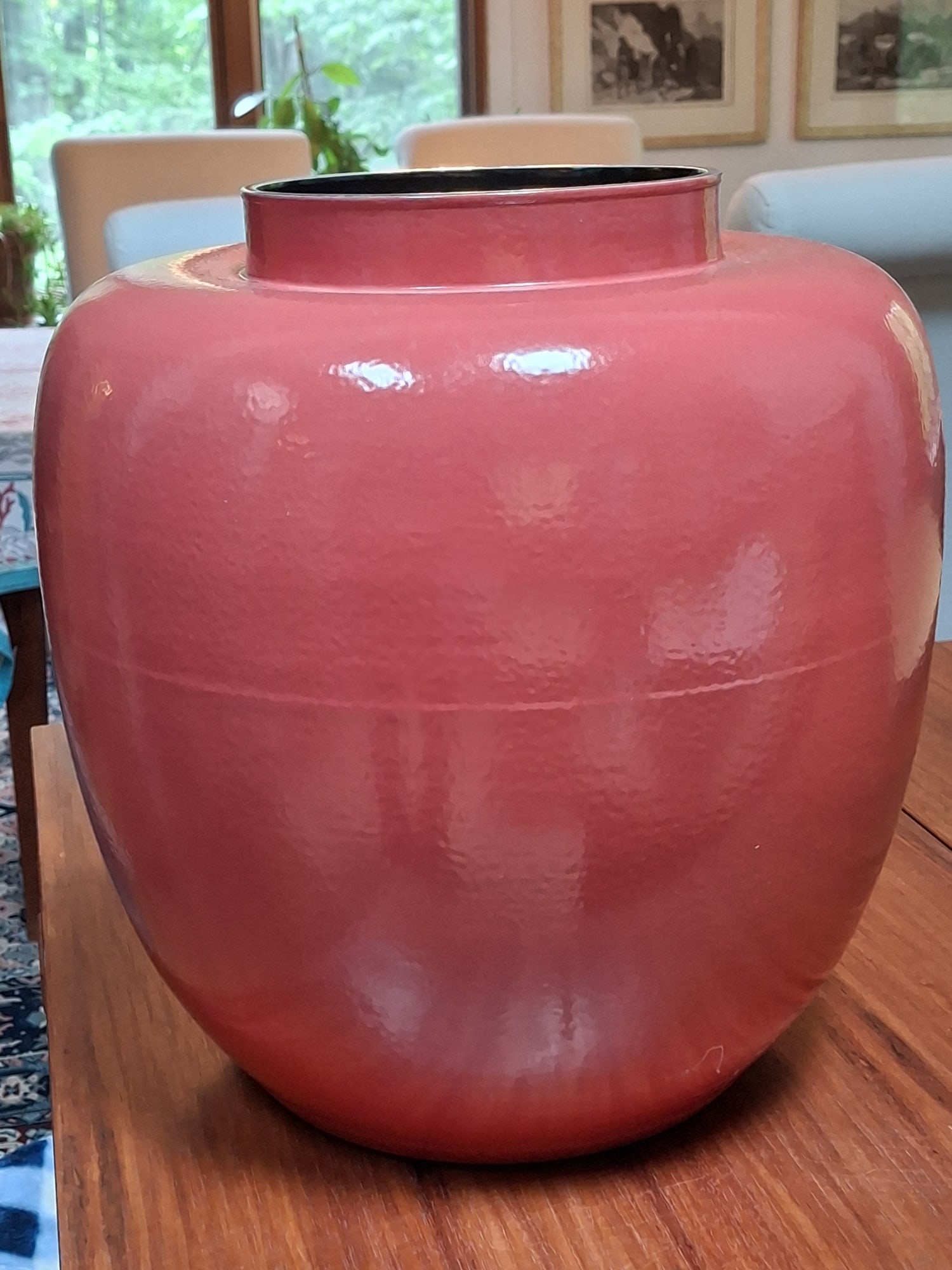 Chinese Middle Kingdom Coral Red Glazed Porcelain Jar: Chinese Middle Kingdom Coral Red Glazed Porcelain Jar. H 14". Diam 13".