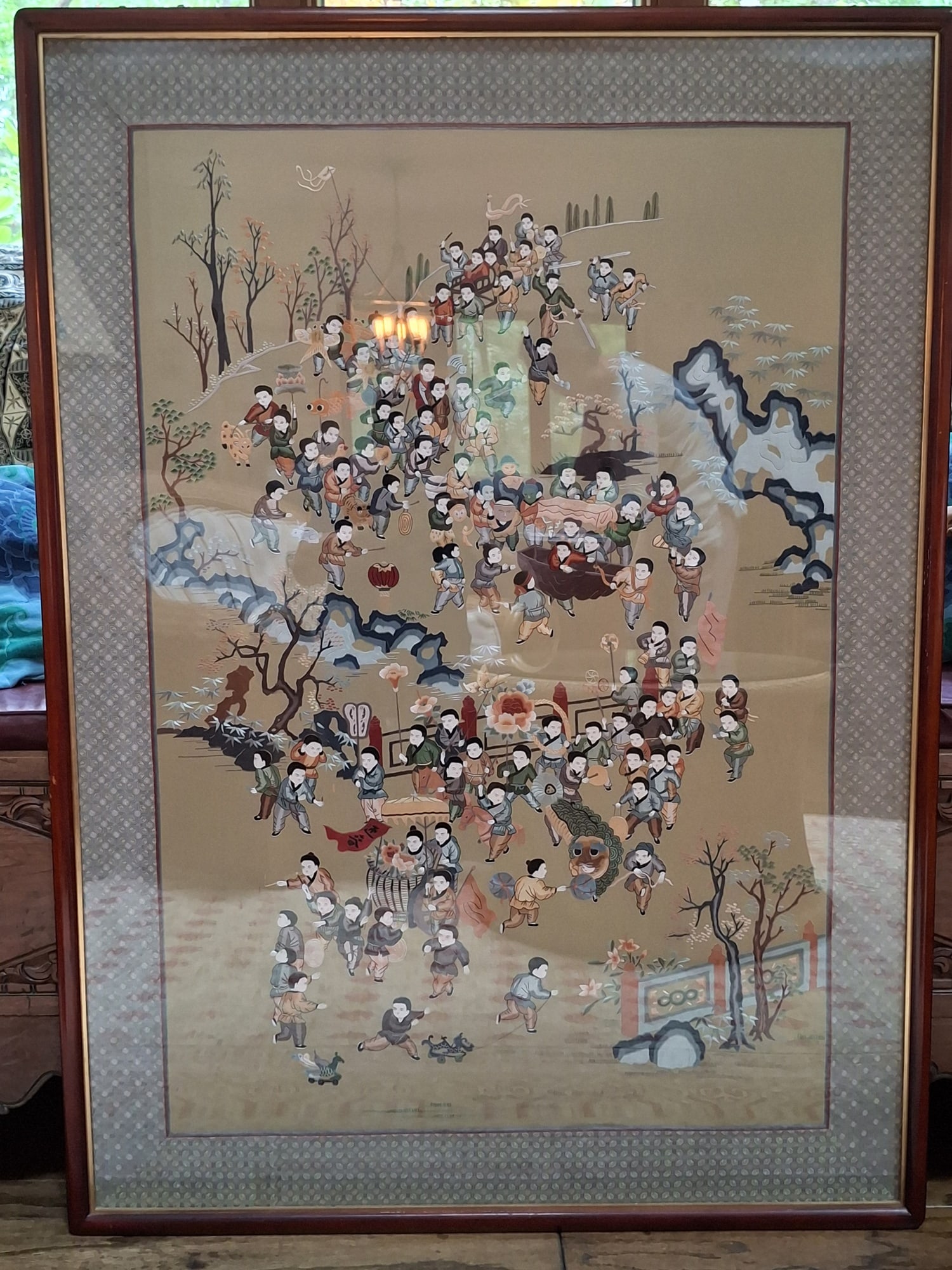 Large Chinese Silk Embroidery Panel of 100 Boys at Play (1 of 9)