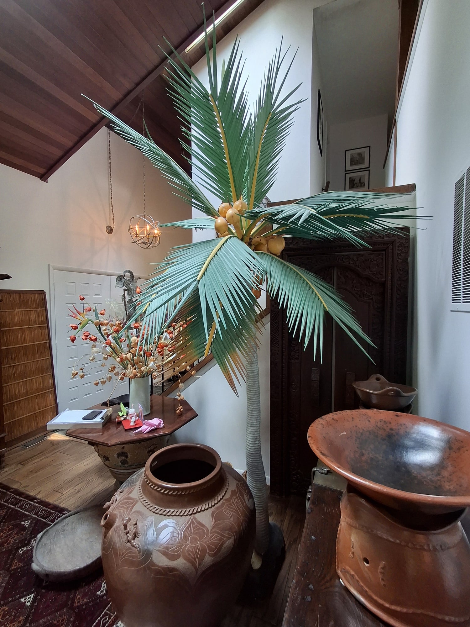 A Tall Life Size Painted Wood Palm Tree: A Tall Life Size Painted Wood Palm Tree . H 114". Attention: The pickup location of this item is at Crownsville, MD 21032. Winning bidder will get address and pickup time through email. No in-house sh