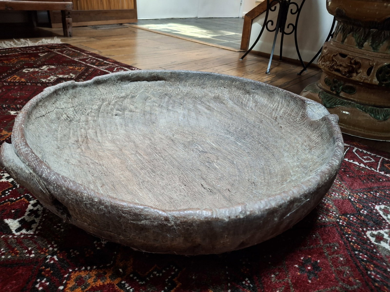 Large Carved Wood Basin: Large Carved Wood Basin . D 21", H 6". Attention: The pickup location of this item is at Crownsville, MD 21032. Winning bidder will get address and pickup time through email. No in-house shipping for 