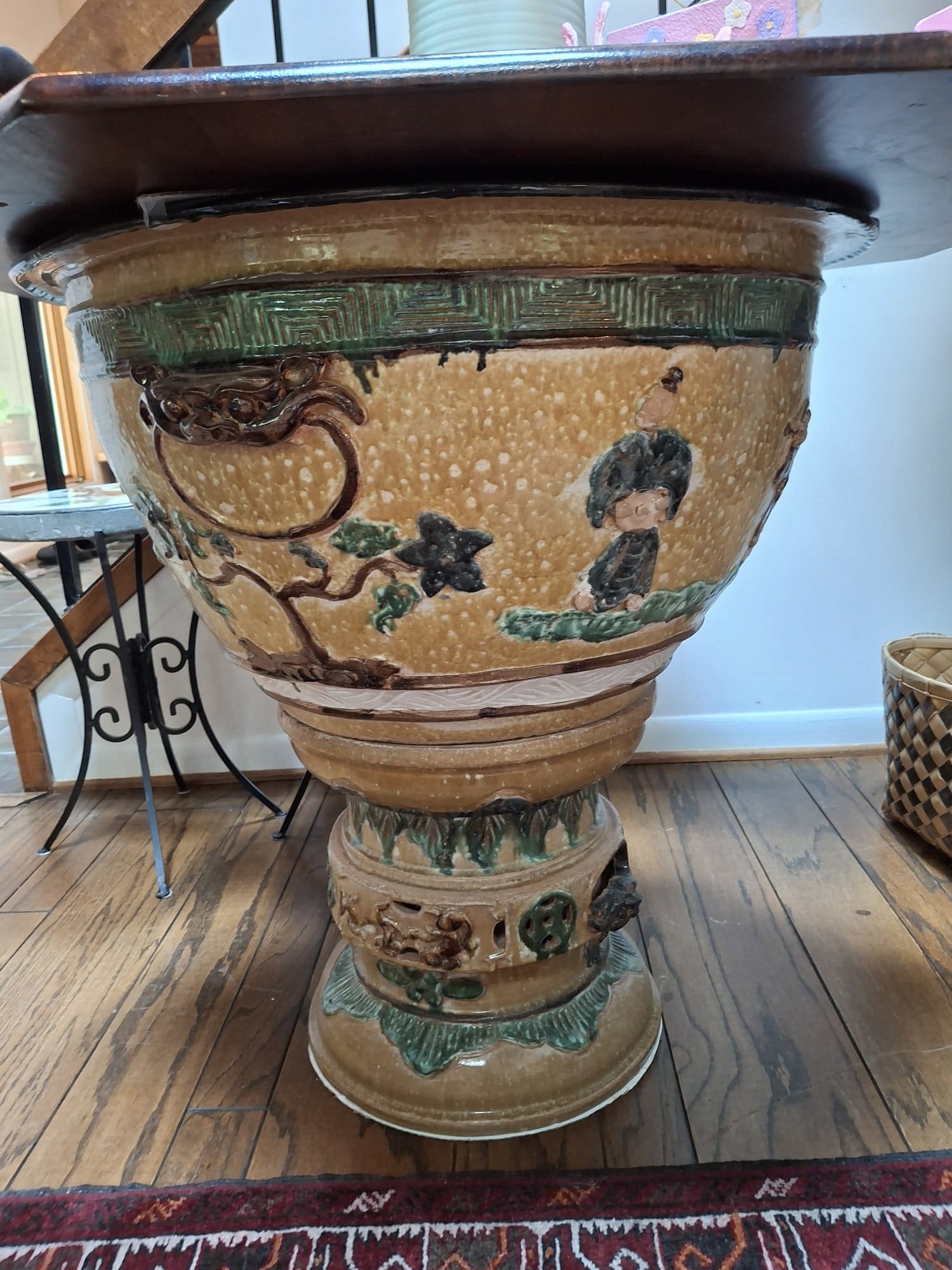Asian Sancai Glazed Large Pottery Fish Bowl on Stand: Asian Sancai Glazed Large Pottery Fish Bowl on Stand. Total H 29", Top Diam 26". As Is. Attention: The pickup location of this item is at Crownsville, MD 21032. Winning bidder will get address and pic