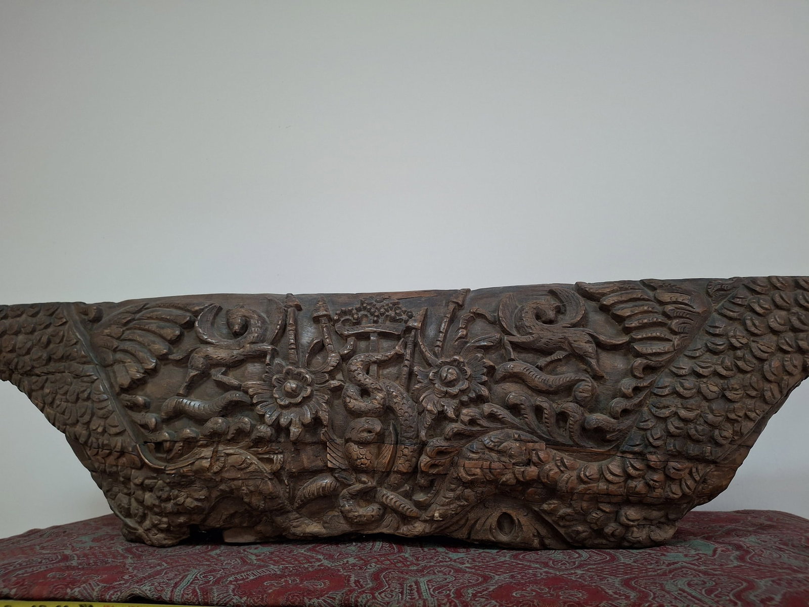 Large Indonesian Carved Wood Drum: Large Indonesian Carved Wood Drum. 52x8x12". Attention: The pickup location of this item is at Crownsville, MD 21032. Winning bidder will get address and pickup time through email. No in-house