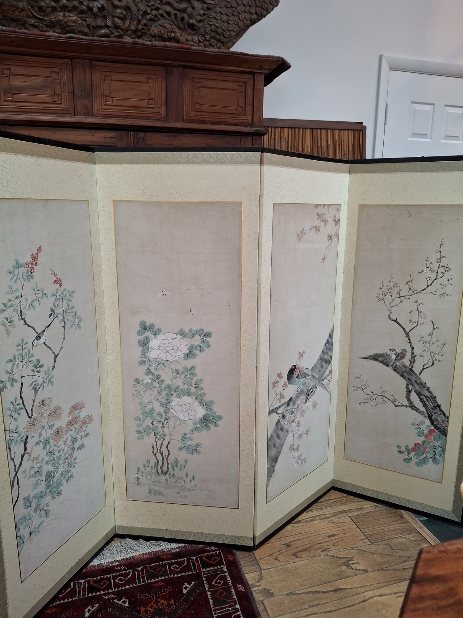 Japanese 4-panel Watercolor and Ink Painting Screen: Japanese 4-panel Watercolor and Ink Painting Screen. 92x61". Attention: The pickup location of this item is at Crownsville, MD 21032. Winning bidder will get address and pickup time through email. No 