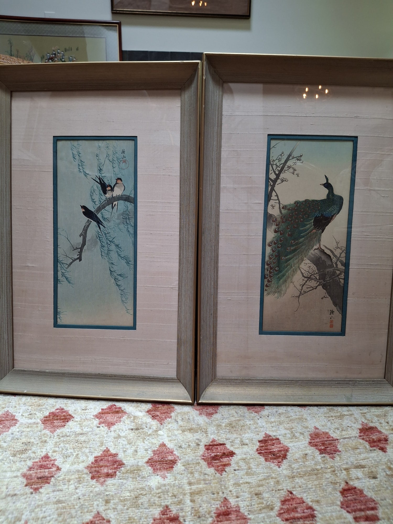 Ito Sozan (1884-) Two Japanese Woodblock Prints: Ito Sozan (1884-) Two Japanese Woodblock Prints. 1. Barn Swallows and Willow. 2. Peacock. Frame 16.5x25". Print 15x6.5".