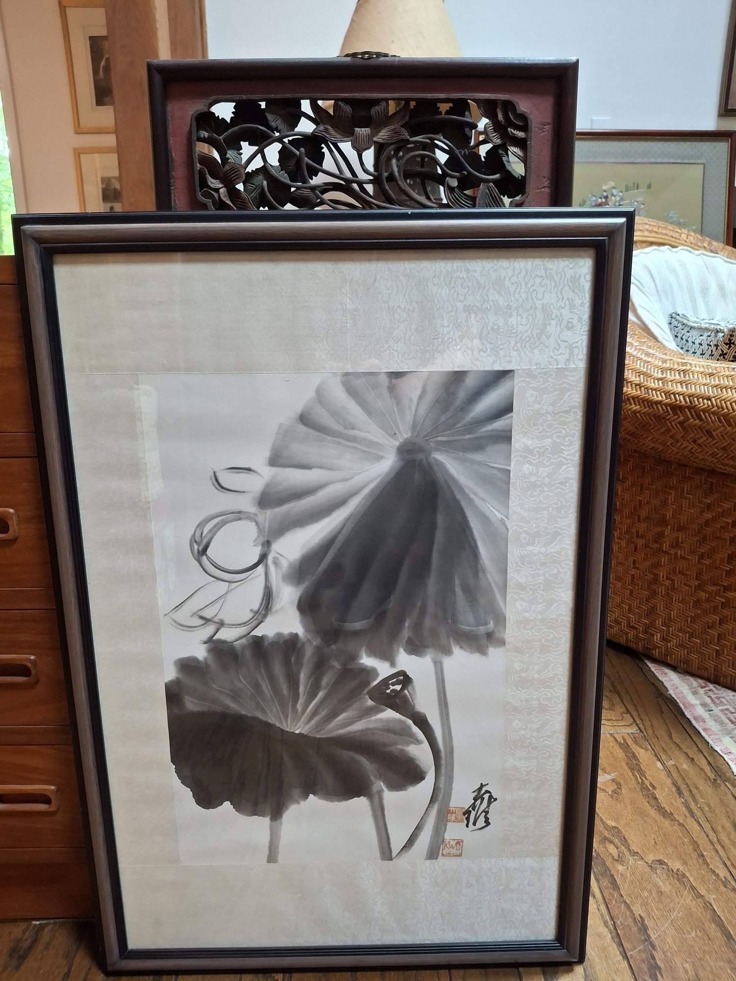 Lotus, Guo Dawei (Chinese 1919-2003) Ink Painting on Paper. And a Chinese Carved Wood Panel of (1 of 10)
