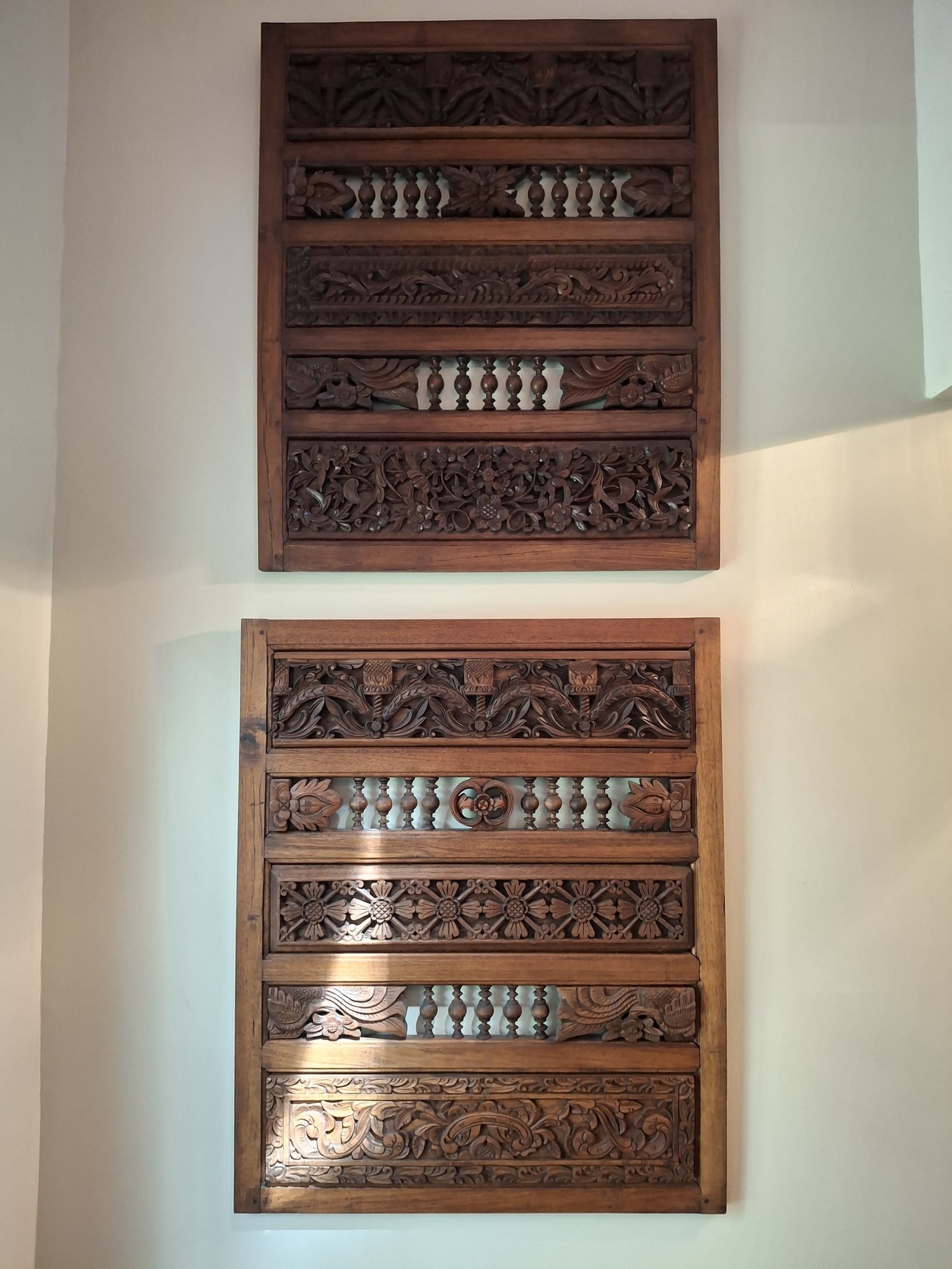 A Pair of Large Indonesian Wood Panels: A Pair of Large Indonesian Wood Panels. 35.5x29.5". Attention: The pickup location of this item is at Crownsville, MD 21032. Winning bidder will get address and pickup time through email. No in-house