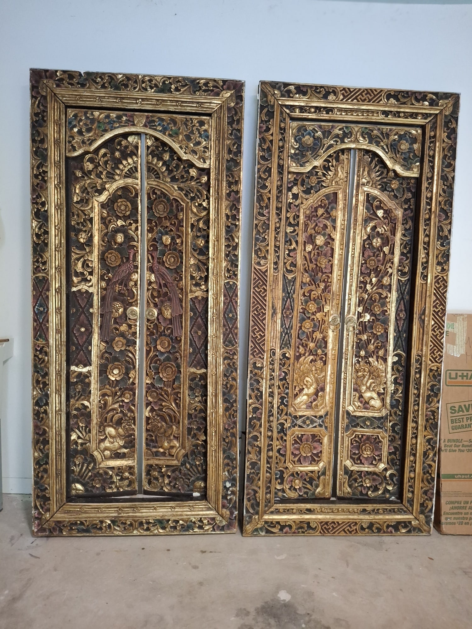 A Pair of Asian Carved Gilt Wood Doors.: A Pair of Asian Carved Gilt Wood Doors. . 83x37x3". Attention: The pickup location of this item is at Crownsville, MD 21032. Winning bidder will get address and pickup time through email. No in-house