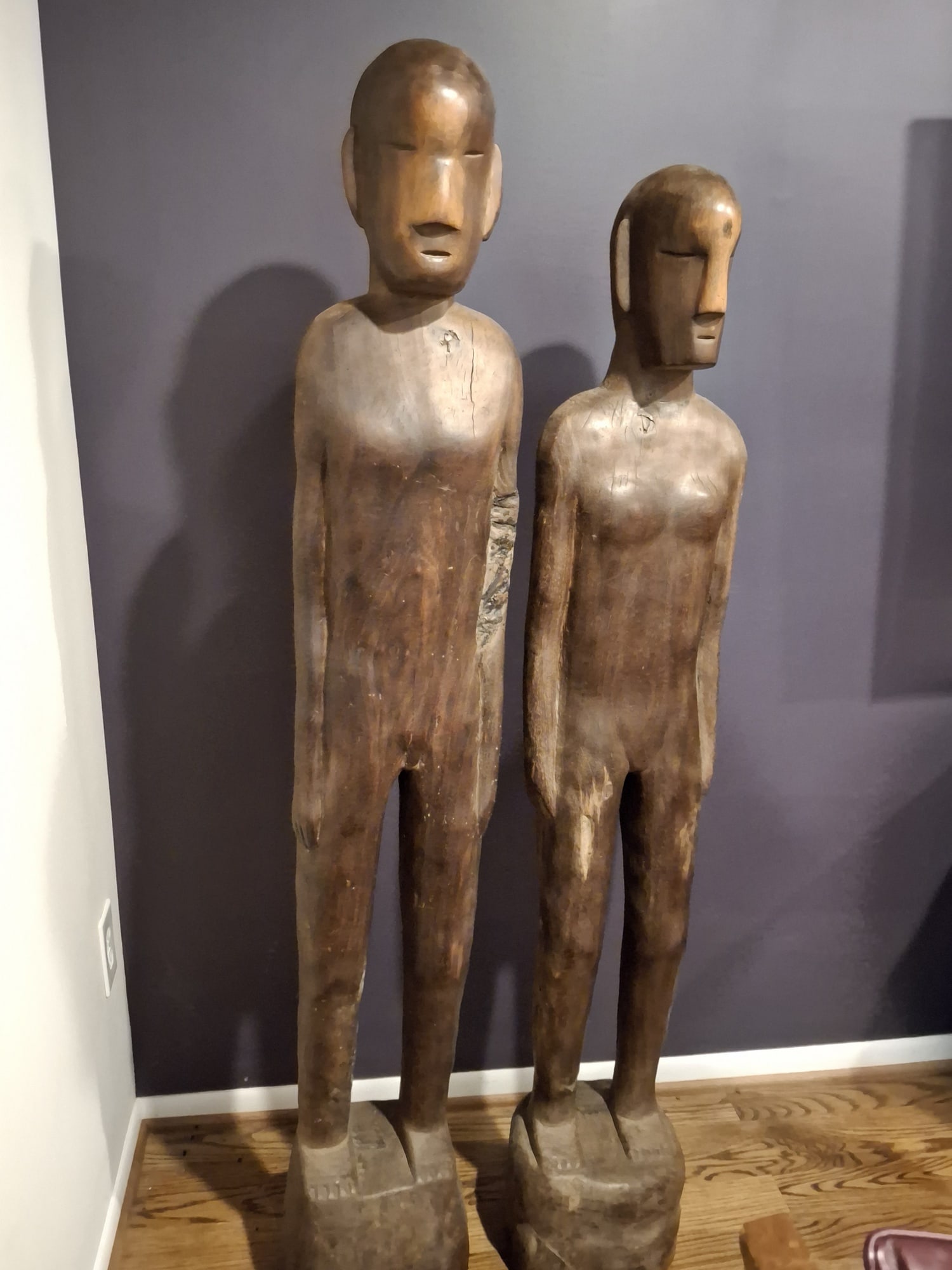 Male and female Bulul Rice God Wood Sculptures: Male and female Bulul Rice God Wood Sculptures. Taller H 65". Attention: The pickup location of this item is at Crownsville, MD 21032. Winning bidder will get address and pickup time through email. No