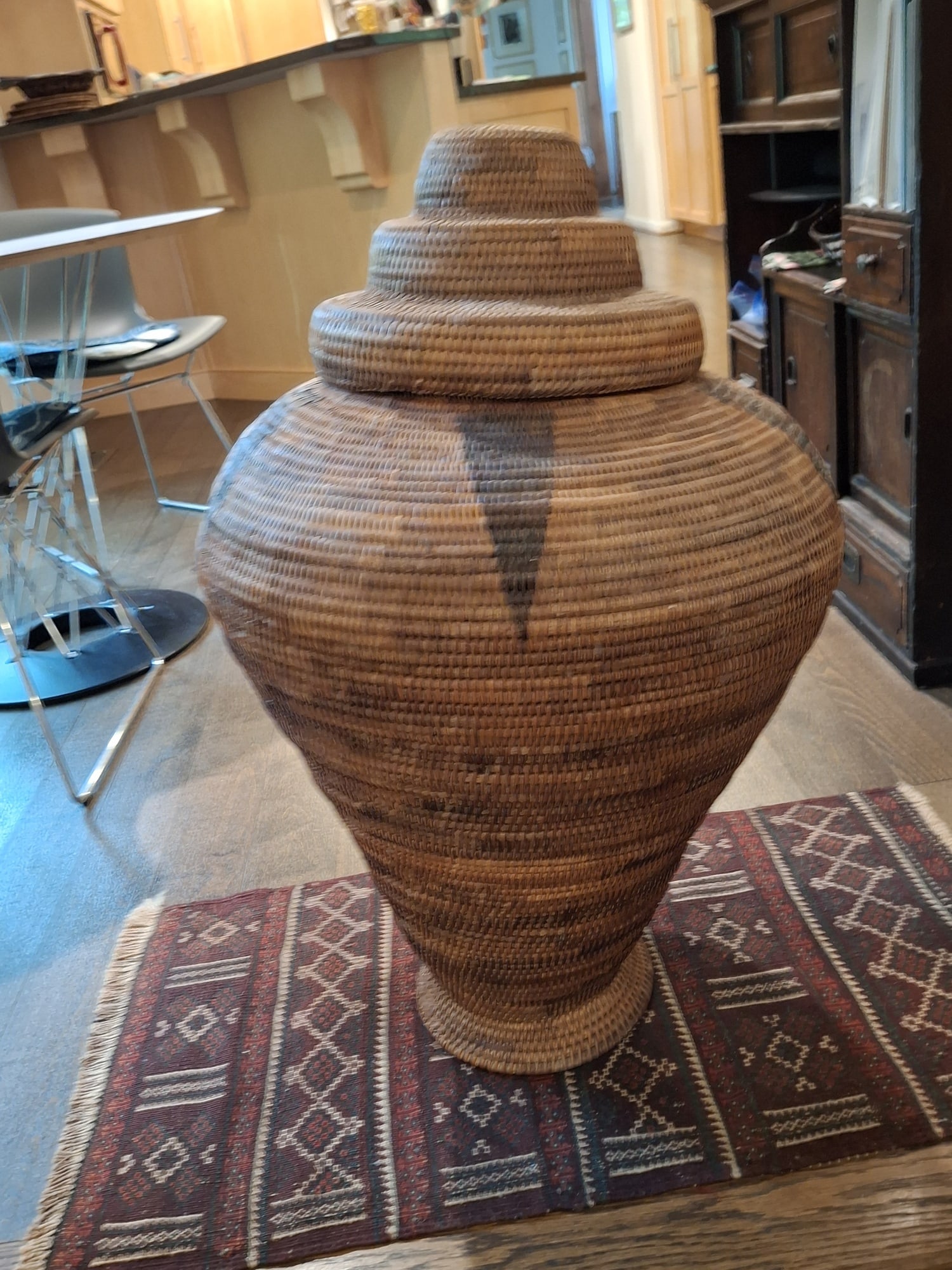 Large Southeast Asian Snake Basket: Large Southeast Asian Snake Basket. H 30". Diam 21". Attention: The pickup location of this item is at Crownsville, MD 21032. Winning bidder will get address and pickup time through email. No in-house