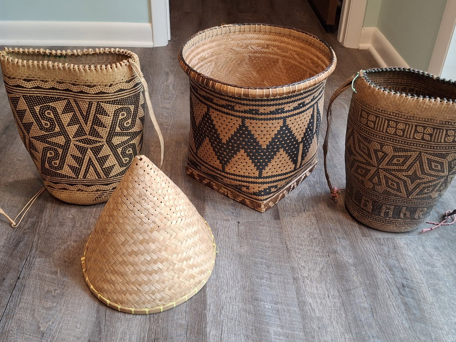 A Group of Asian Baskets and Bags: A Group of Asian Baskets and Bags. Largest H 14", Diam 15".