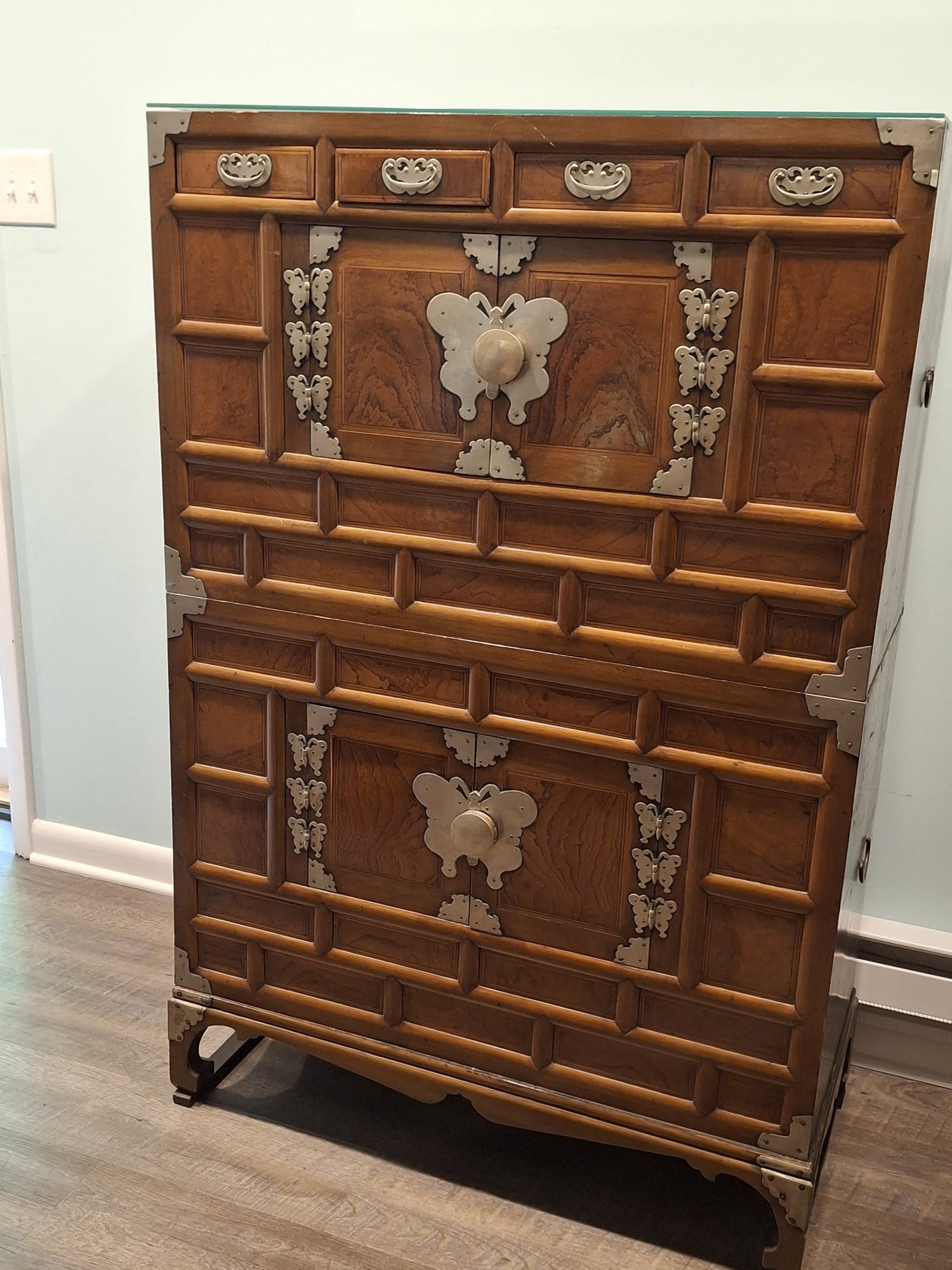 Stacked Two Korean Chests with Stands.: Stacked Two Korean Chests with Stands. . 57x38x18". Attention: The pickup location of this item is at Crownsville, MD 21032. Winning bidder will get address and pickup time through email. No in-house
