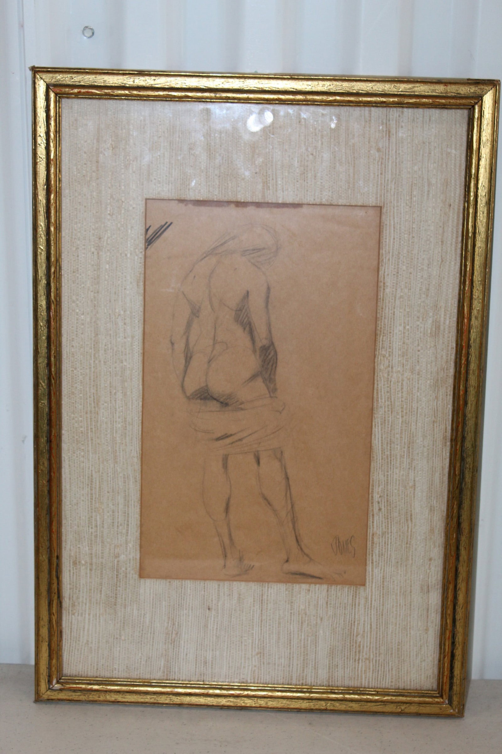 Charcol on Paper Nude, Signed.: Charcol on Paper Nude, Signed.. 6.75x11.75'. Frame 19.25x13.5".