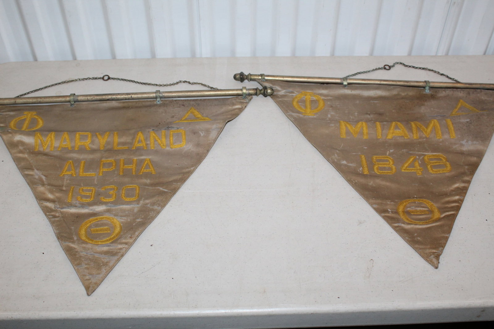 Two Old Maryland and Miami University Alpha Silk Pennants: Two Old Maryland and Miami University Alpha Silk Pennants. 17x20", As Is.