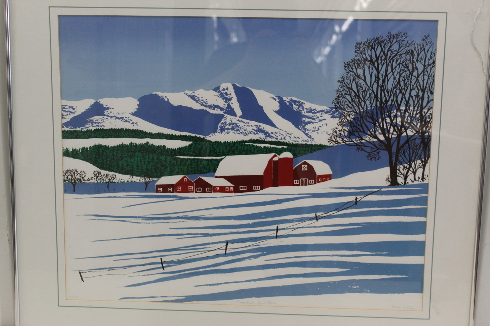 Manfield View Farm, Helen Dillion (VT 20th C). Serigraph on Paper. Signed and Numbered.: Manfield View Farm, Helen Dillion (VT 20th C). Serigraph on Paper. Signed and Numbered.. 23x18". Frame 30x25.25".