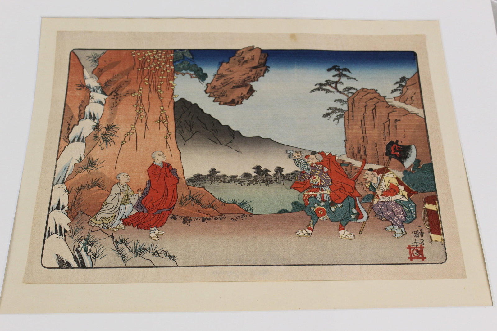 Nichiren Keeping a Rock Suspended. Kuniyoshi (1797-1861). Japanese Woodblock Reprint.: Nichiren Keeping a Rock Suspended. Kuniyoshi (1797-1861). Japanese Woodblock Reprint.. 14x10
