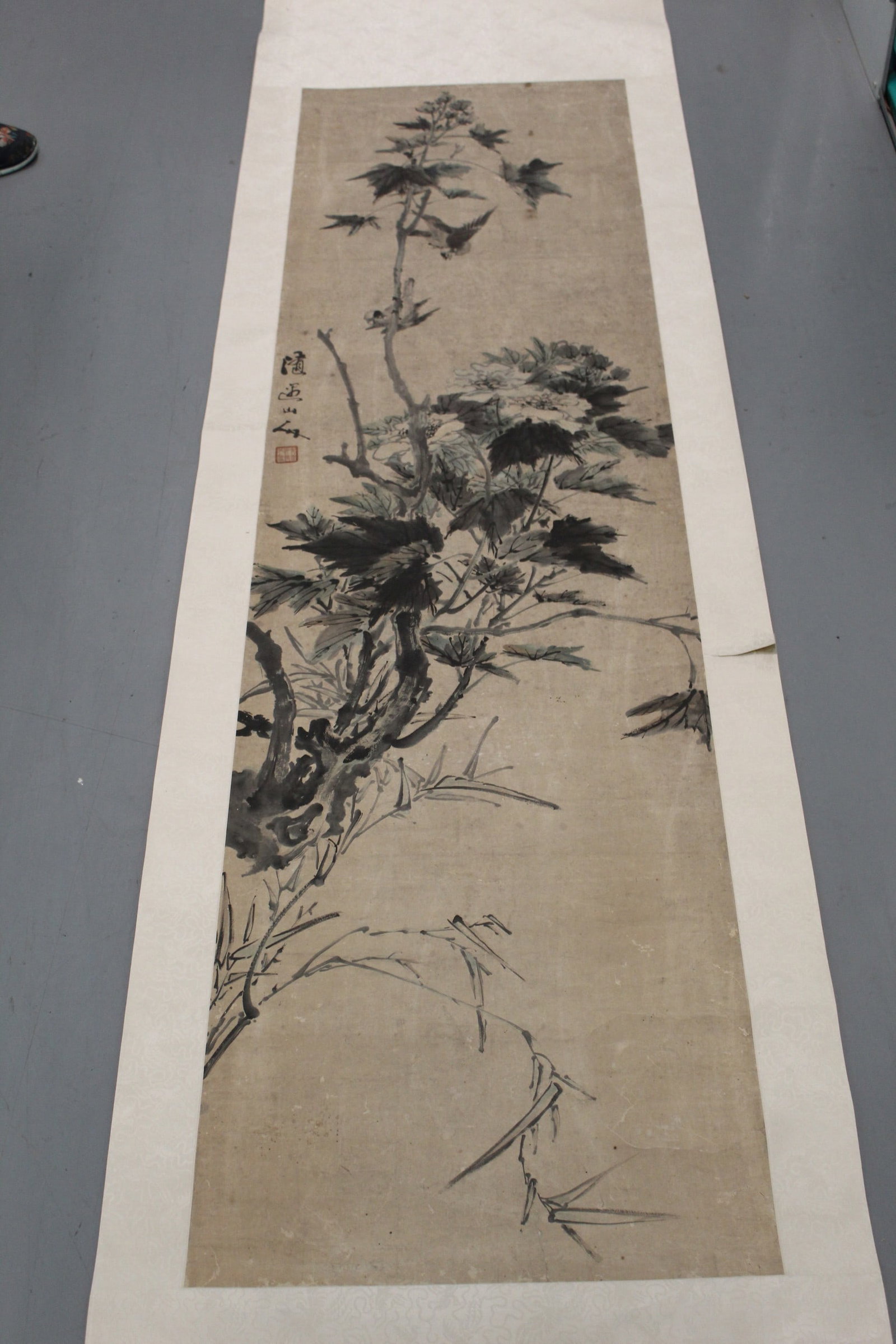 Chinese Ink and Watercolor Painting on Paper Scroll of Bird and Flowers.: Chinese Ink and Watercolor Painting on Paper Scroll of Bird and Flowers.. 71.5x19".