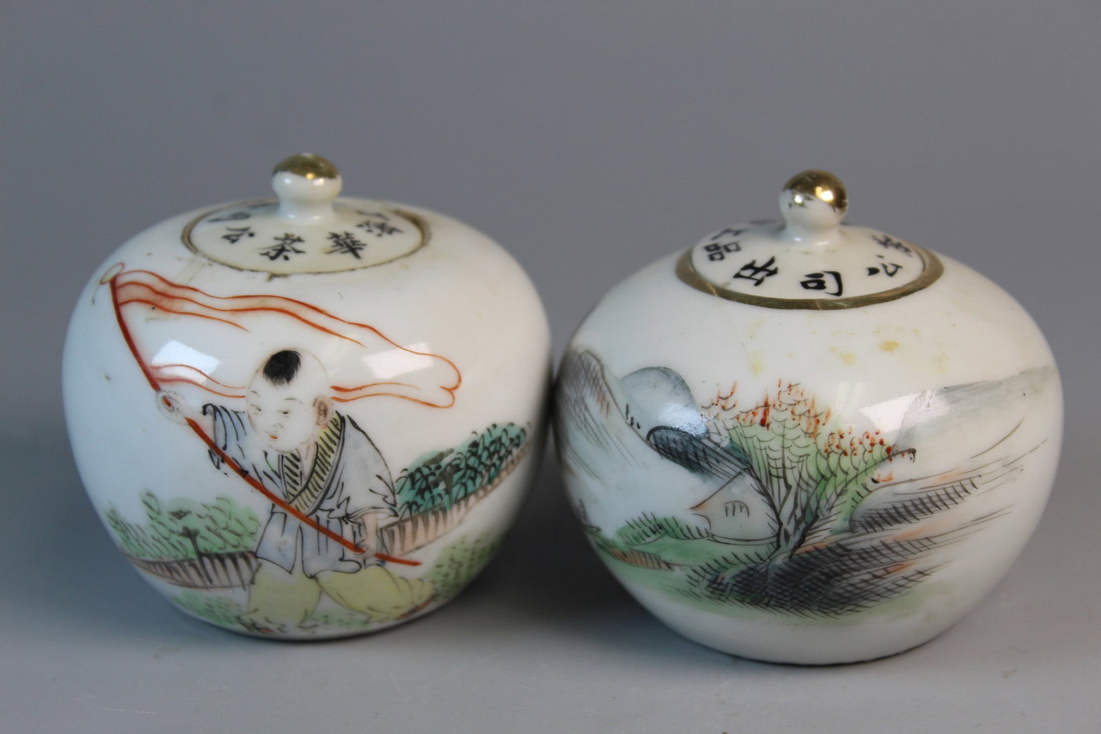 Two Chinese Famille Rose Porcelain Tea Caddies.: Two Chinese Famille Rose Porcelain Tea Caddies.. Diam 3". H 3".