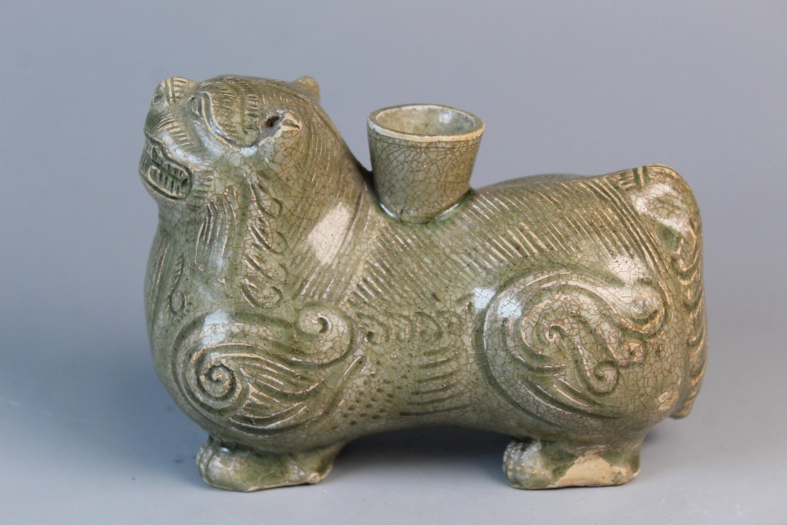 Chinese Celadon Glazed Foo Dog Candle Holder (1 of 7)