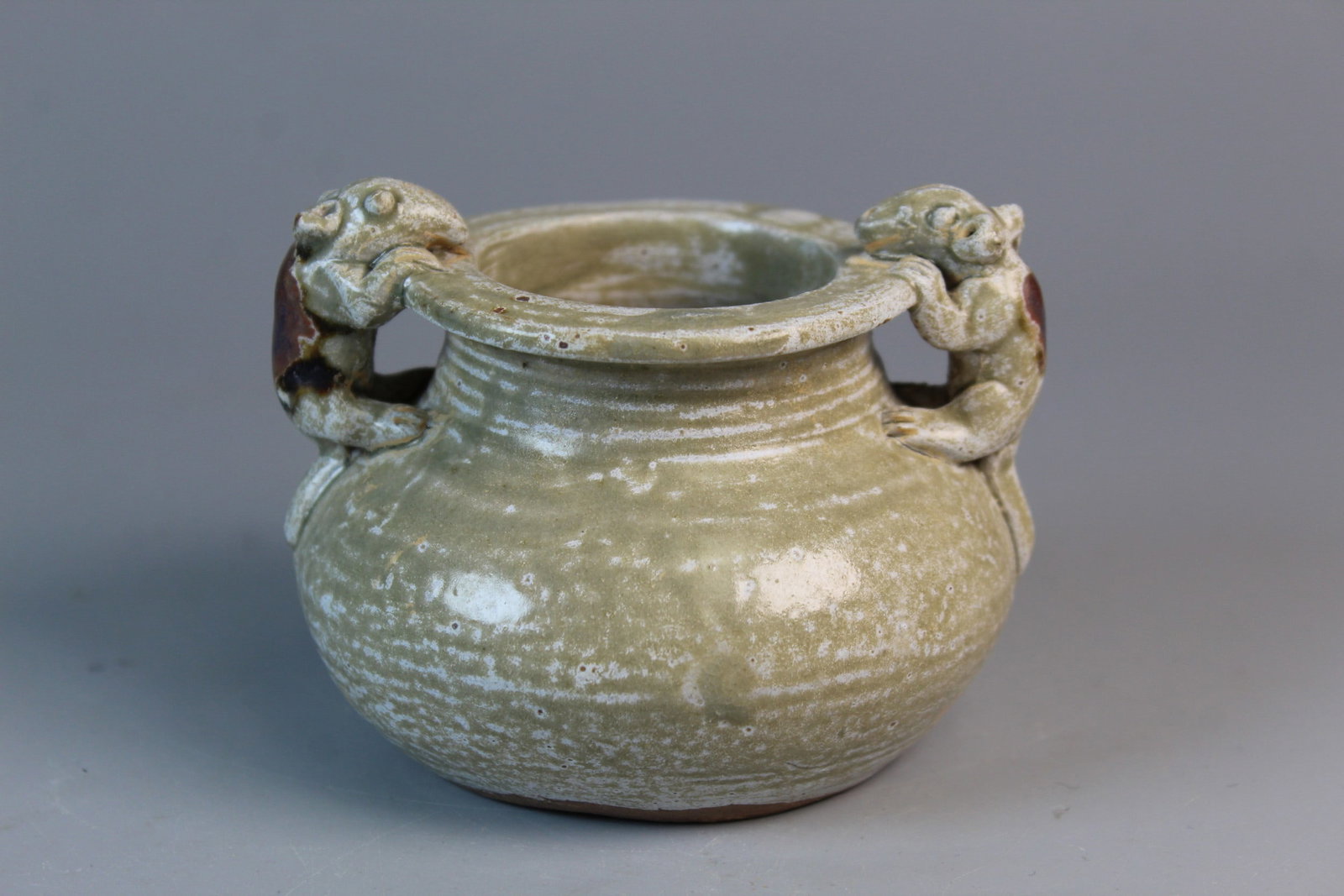 Chinese Celadon Glaze Pottery Incense Burner: Chinese Celadon Glaze Pottery Incense Burner. L 3.75". H 3".